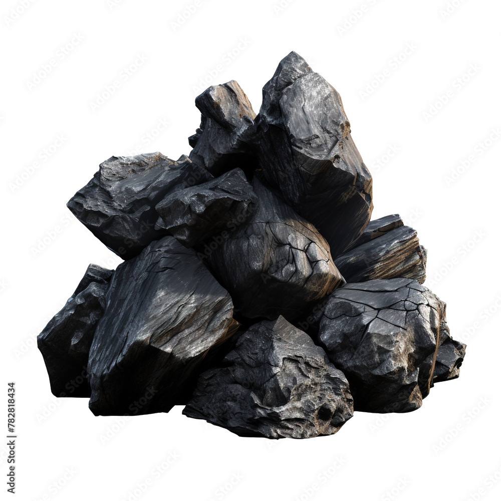 close up on heavy rock black Stone texture on transparent PNG, isolated