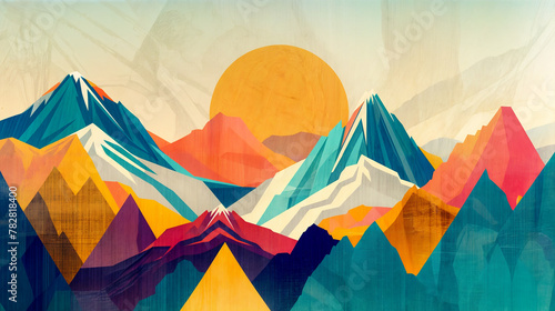 abstract mountain view landscape illustration in bright colors with moon / sun , flat lay 2d background 