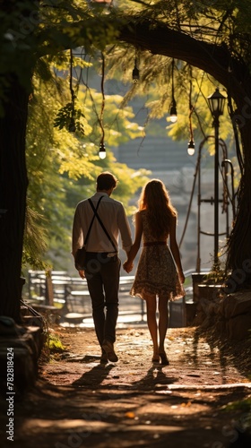 a man and a woman walking down a path, couple walking hand in hand, man and woman walking together, walking together, romantic scene,  romantic atmosphere,  romantic light, romantic cou