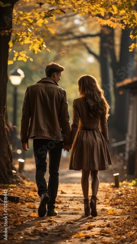 a man and a woman walking down a path, man and woman walking together, urban fantasy romance book cover, walking together, wearing a brown leather coat, cinematic backlighting,