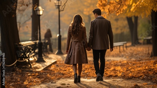 a man and a woman walking in a park, man and woman walking together, couple walking hand in hand,  romantic couple,  urban fantasy, man and woman in love,   romantic scene, grassy autumn park