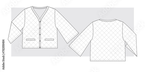 Quilted lightweight jacket with v-neck technical sketch. Vector illustration.
