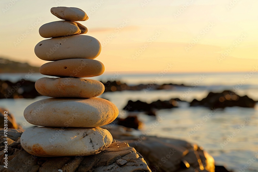 Pile of zen stones on the seashore at sunset - obrazy, fototapety, plakaty 