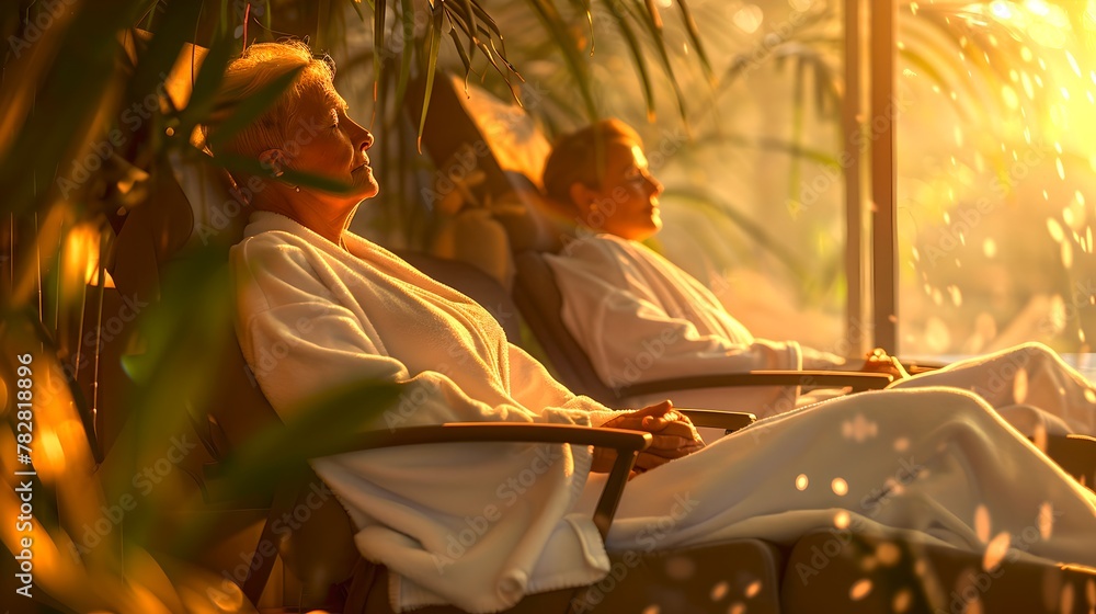 Obraz premium Golden Hour Relaxation: Two People Enjoying a Spa Day in the Warm, Ambient Light. Serenity in a Tropical Setting with Lush Greenery. Perfect for Wellness and Travel Themes. AI