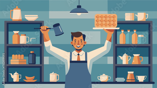 A the shelves of oldfashioned milk glass and kitschy salt and pepper shakers a man excitedly holds up a vintage waffle iron dreaming of weekend