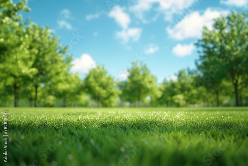 Green grass field with blue sky and white clouds background