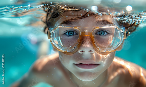 A young boy with expressive eyes gives a close-up look underwater while wearing large, clear goggles photo