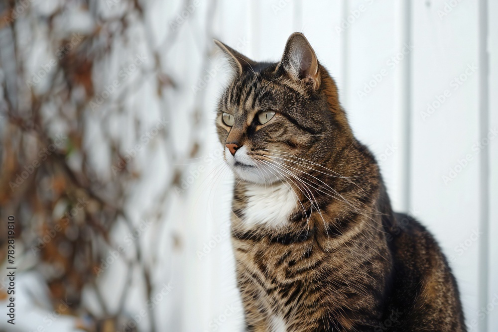 Tabby cat on a background of the fence,  Portrait of a cat