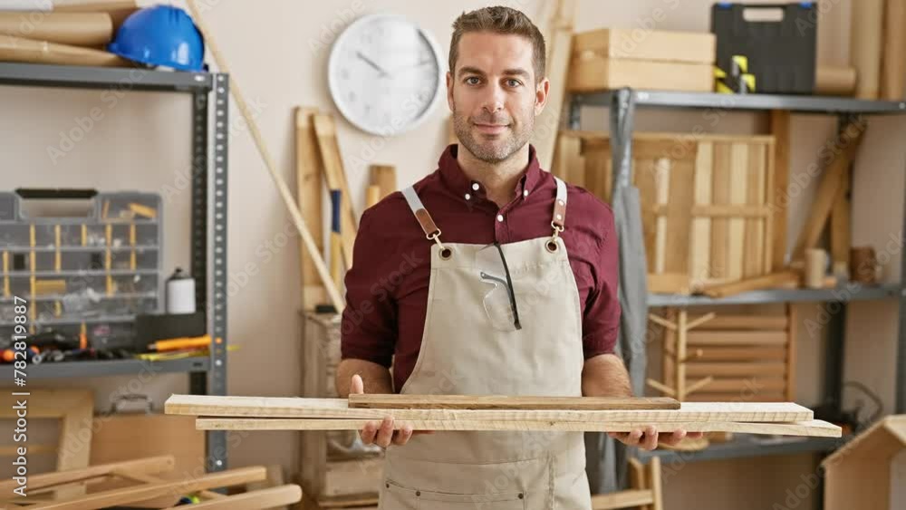 A confident young man with a beard wearing an apron holds lumber in a woodworking workshop. A confident young man with a beard wearing an apron holds lumber in a woodworking workshop.