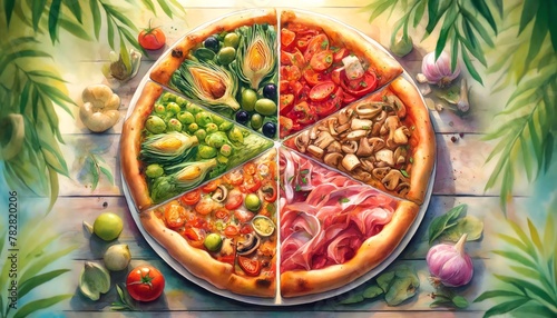 Watercolor Painting of a Quattro Stagioni Pizza photo