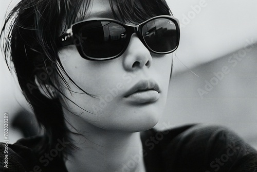 Close-up portrait of a beautiful young woman in sunglasses,  Black and white photo