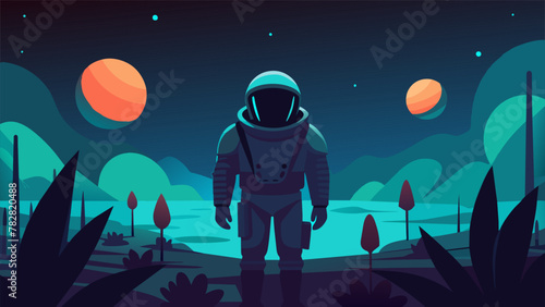 The eerie glow of bioluminescent plants lighting the way for a stranded astronaut as they search for a water source on a desolate exoplanet