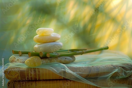 Stack of zen stones on green background,  Zen and relaxation concept