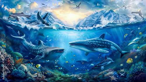 Fantasy paradise beautiful underwater sea and snow mountain with shark fish, coral reef and bird.