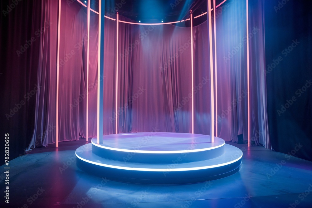 Stage with red curtains and blue spotlights, closeup of photo - obrazy, fototapety, plakaty 