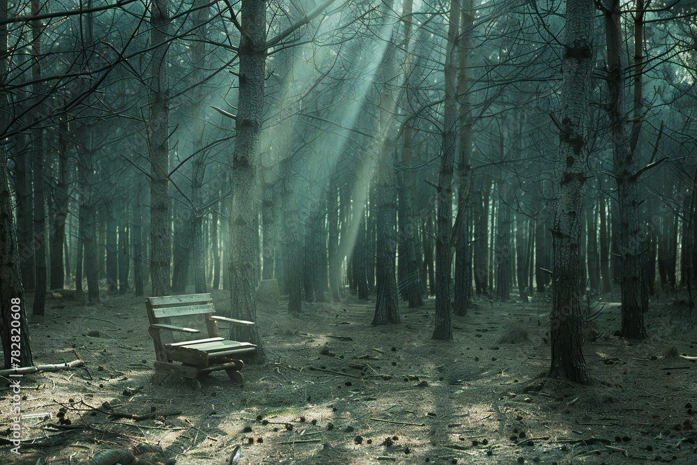 A bench in a foggy forest in the early morning light