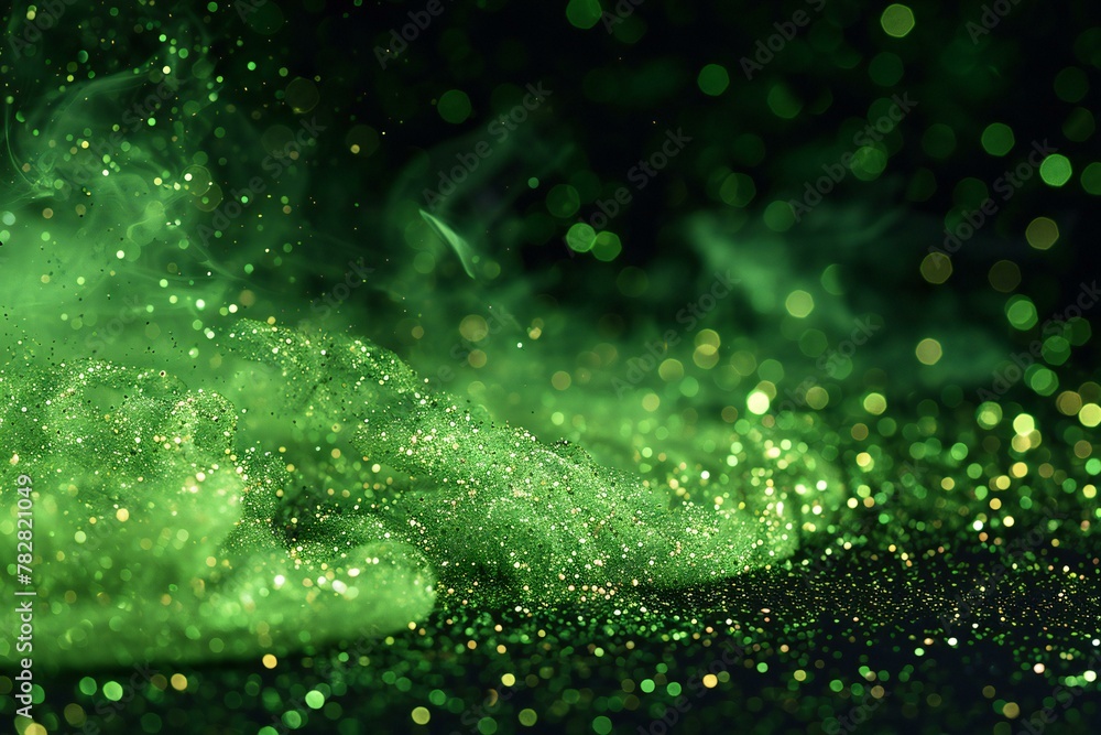 Green glittering background with bokeh defocused lights and shadow