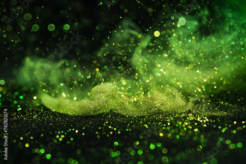 Green glitter vintage lights background, gold and black, de-focused