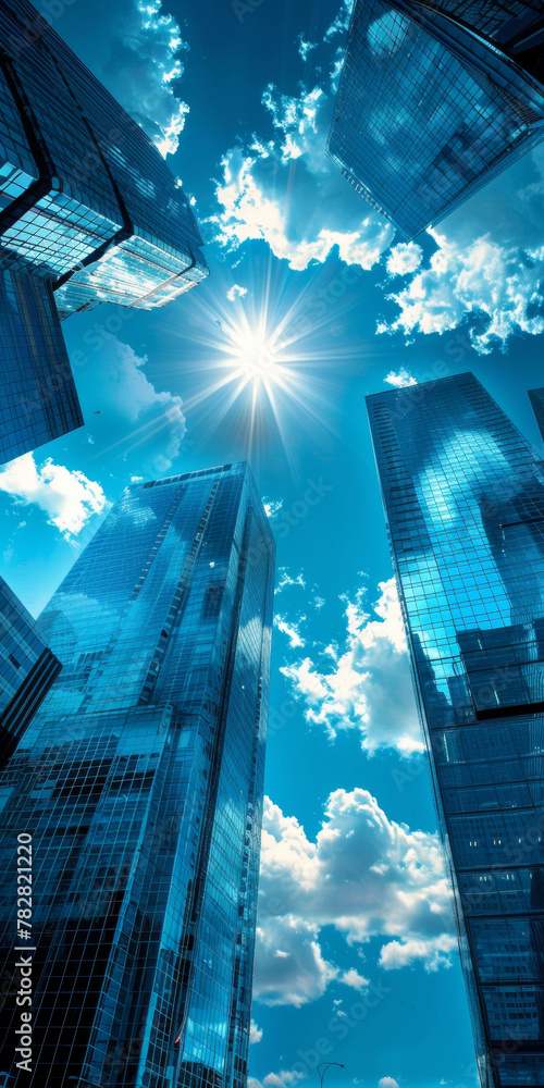 A city skyline with a bright sun shining through the clouds. The ...