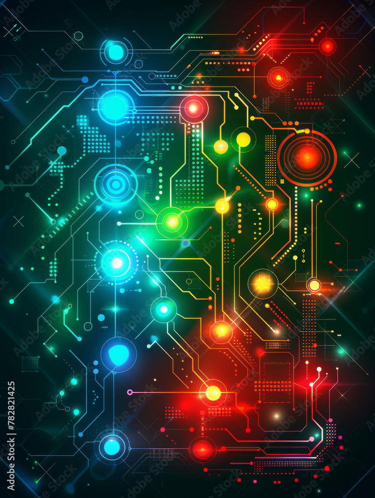 A colorful image of a circuit board with many lights on it. The colors are bright and vibrant, giving the impression of a futuristic or high-tech environment