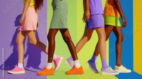 legs in shoes, multiple pairs of legs walking, happy, bright, cinematic, blue and purple accents, high-res,