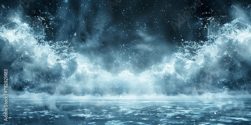 A blue sky with clouds and water. The sky is filled with snowflakes and the water is calm