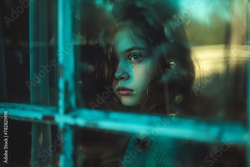 Portrait of a girl in the window of an abandoned house