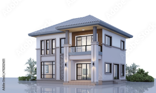 Architecture 3d rendering illustration of modern minimal house on white background © uthai