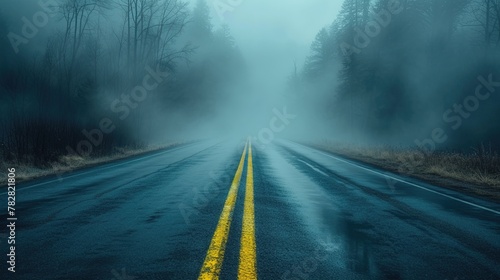 Calm landscape of an asphalt road in white fog. Tranquil and mystical background with copy space. Generative AI