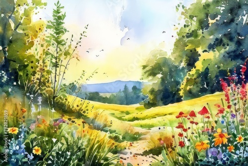 Watercolor summer idyllic landscape fields