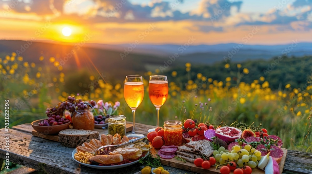 Golden Sunset Picnic Spread with Scenic Mountain Landscape