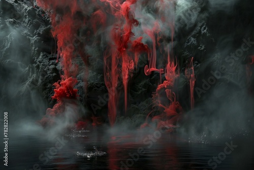Fantasy landscape with red fog on the water,   illustration © Cuong