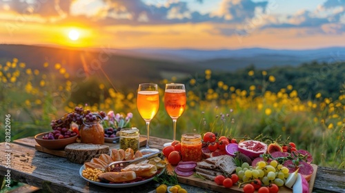 Golden Sunset Picnic Spread with Scenic Mountain Landscape