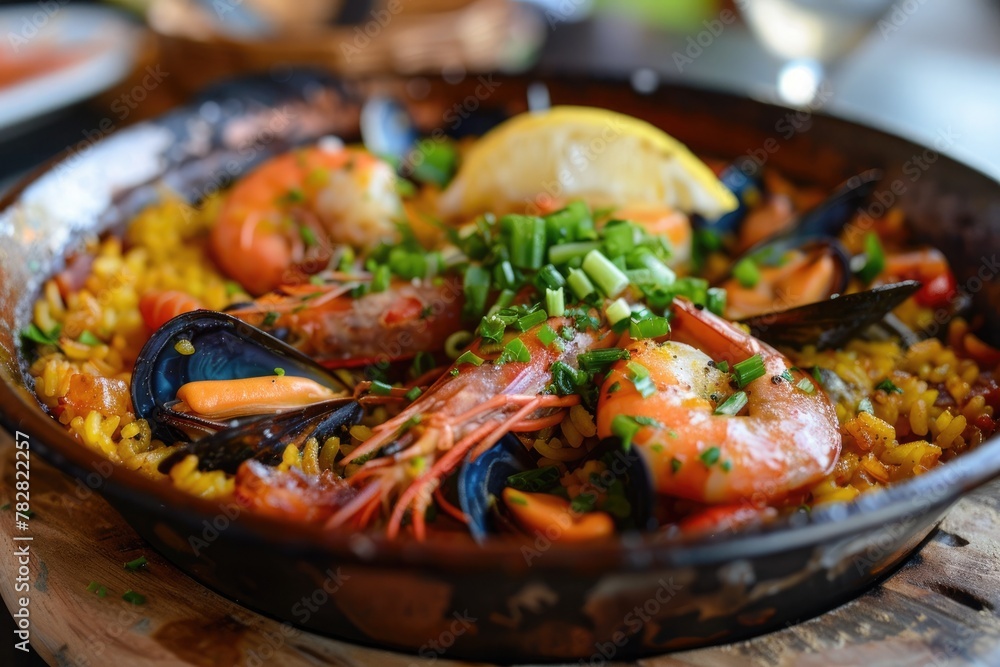 A mouthwatering serving of paella, with saffron-infused rice and a variety of seafood.