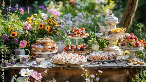 Meticulously Arranged Garden Tea Party with Homemade Cakes and Floral on Rustic Wooden Table