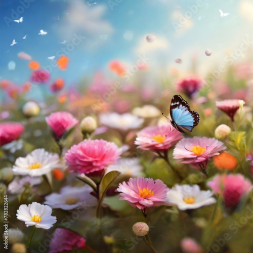 野原 野花 花がいっぱい咲いている かわいい カラフル 蝶が飛んでいる