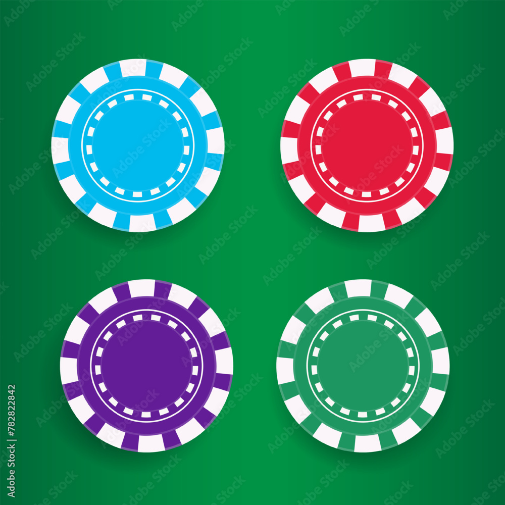 Poker Chips, Casino game icons. Gambling Coins, isolated on green background, vector realistic set. Poker Chips, Casino game icons. Gambling Coins, isolated on green background, vector realistic set.
