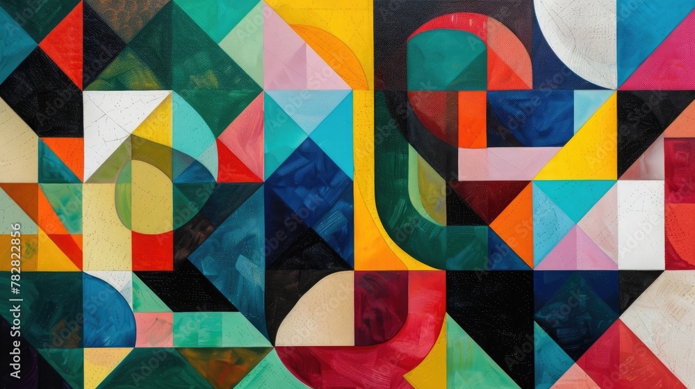 A mosaic of geometric shapes in various colors.