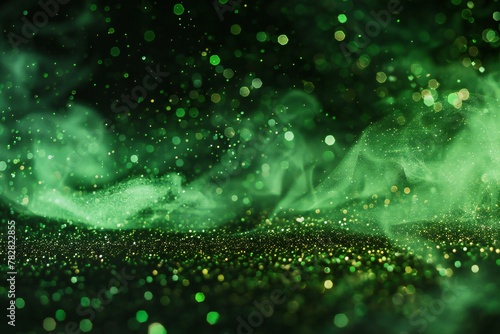 Green glitter vintage lights background, gold and black, de-focused