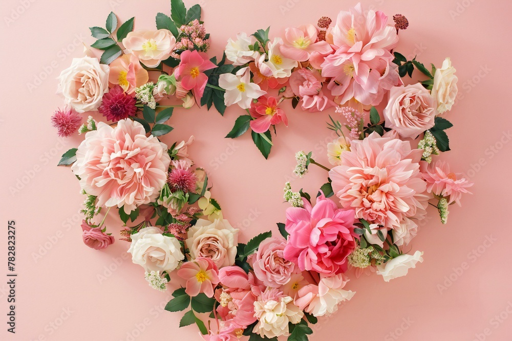 Flowers in the shape of a heart on a pink background