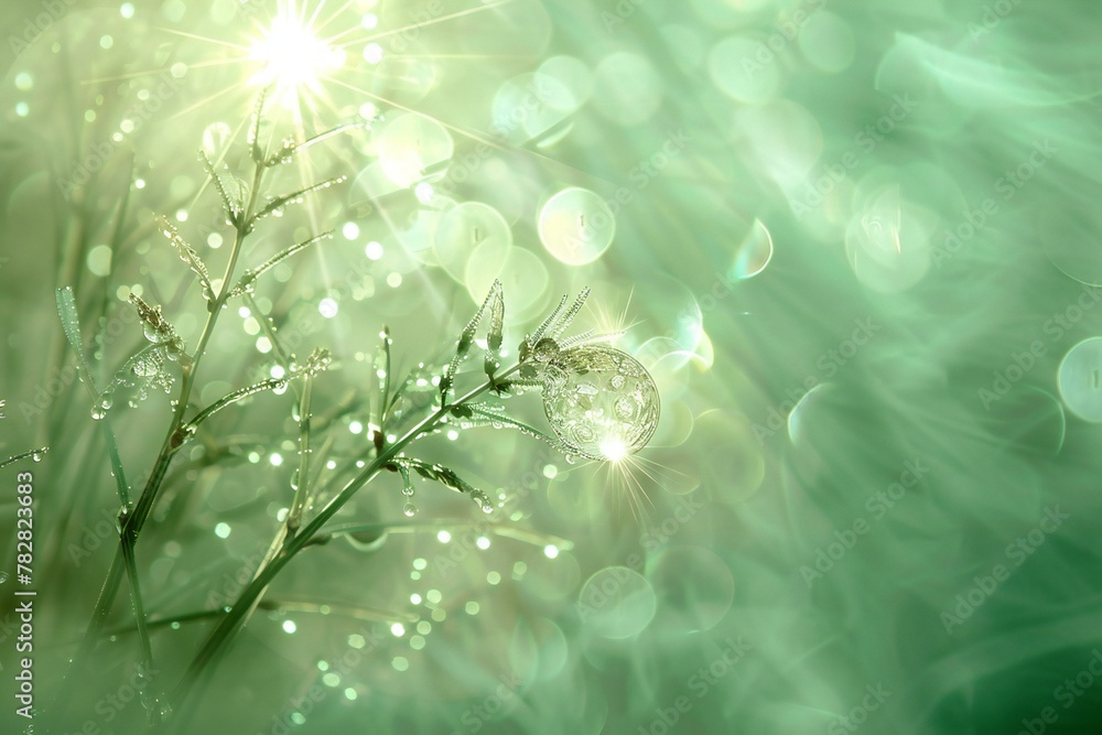 Dew drops on grass with sun rays and bokeh background