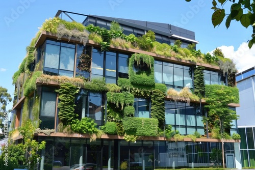 A modern office building with a series of vertical gardens, adding a touch of greenery to the urban environment.