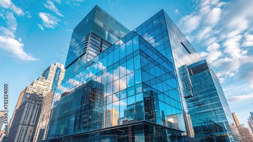 A modern office building exterior with glass walls reflecting the surrounding cityscape.