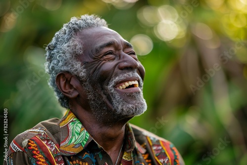 Portrait of an elderly African man smiling in the park, Copy space