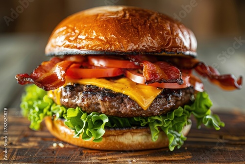 A juicy cheeseburger with bacon, lettuce, tomato, and melted cheese, served on a brioche bun.