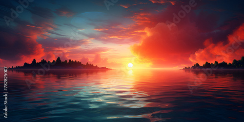 sunset over the lake, Amazing wallpaper for you design, Sunset on the lake digital illustration artwork nature landscapes   © Chand