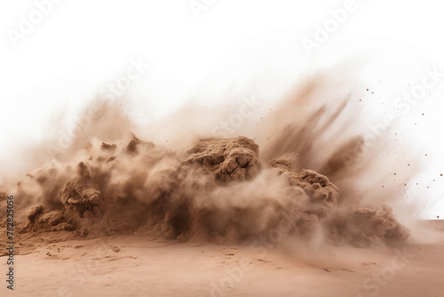 : A powerful depiction of dry soil erupting in a dramatic explosion, with particles suspended in mid-air against a clean white surface, illustrating the impact of drought and land degradation on vulne