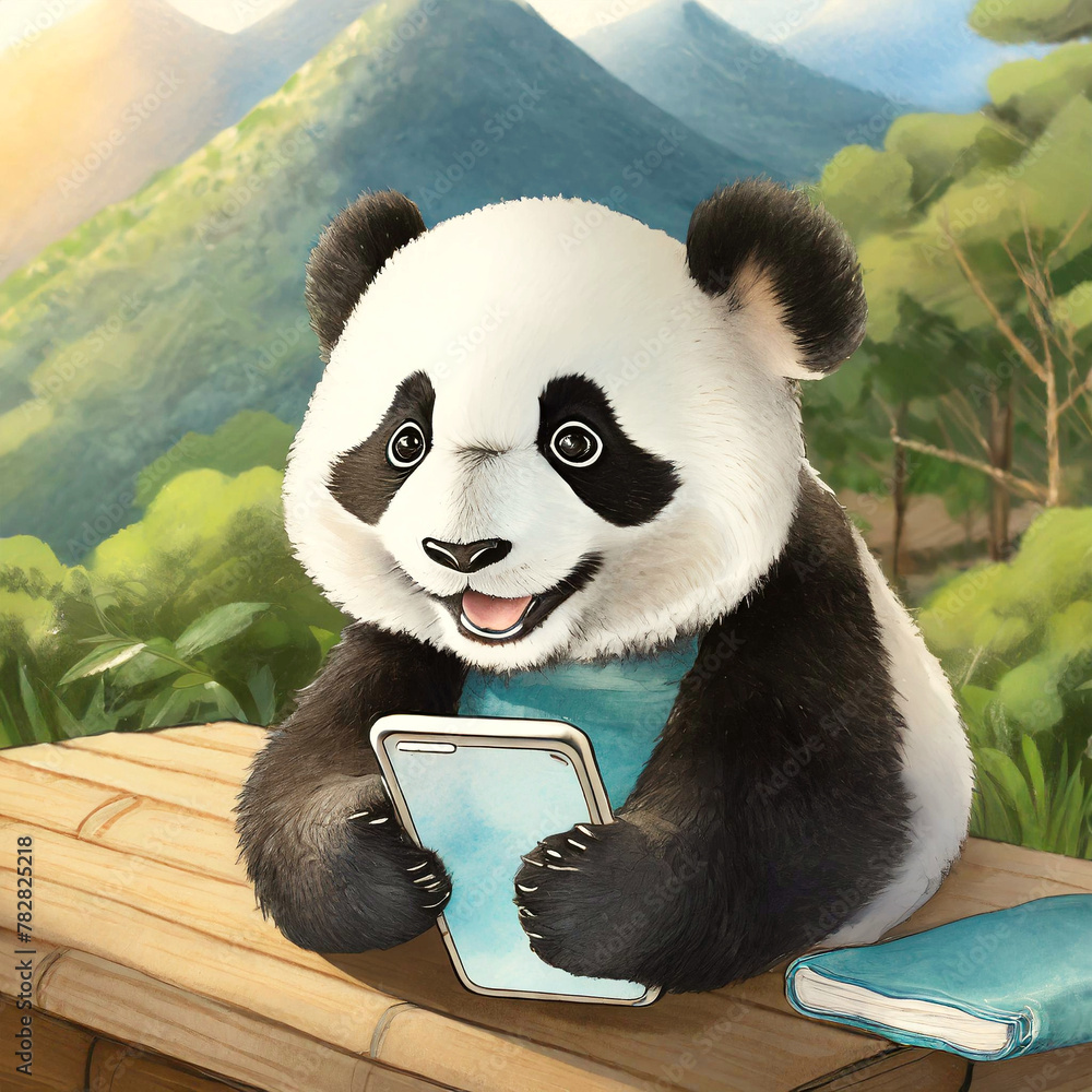 스마트폰 하는 아기 판다 Stock Illustration | Adobe Stock