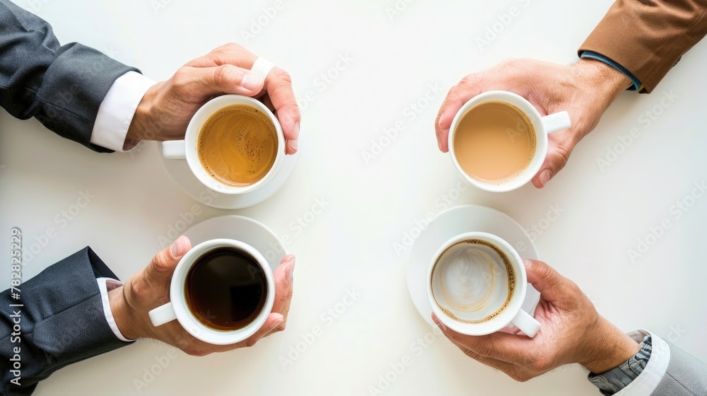 A group of corporate professionals, having a discussion, with coffee cups in hand, on a white background. - obrazy, fototapety, plakaty 