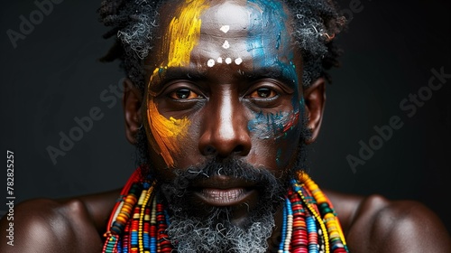 Portrait of a Man with Traditional African Face Paint and Beads
